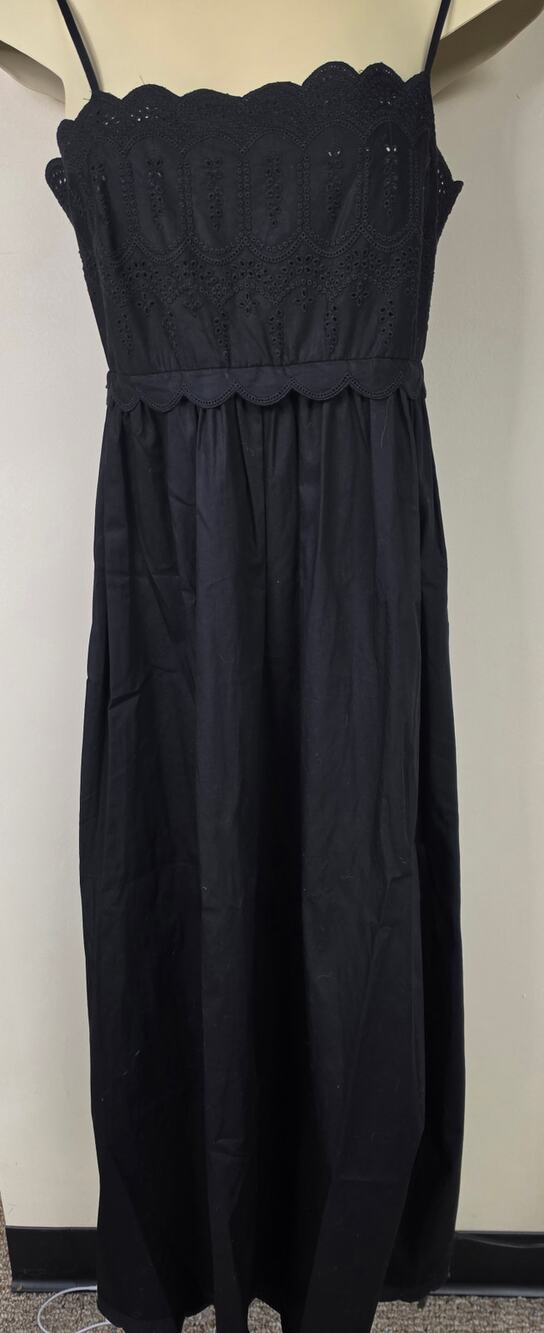 NWT Lucky Brand Black Eyelet Embroidered Maxi Dress Smocked Boho S 0044
